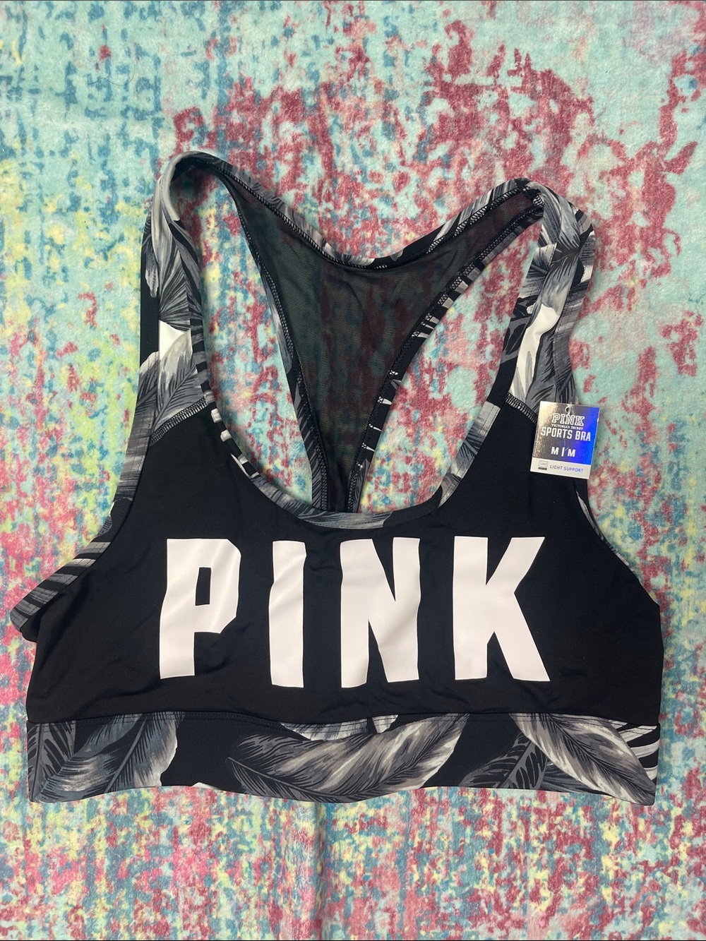 PINK Victoria's Secret Black & White Tropical Print Racerback Sports Bra